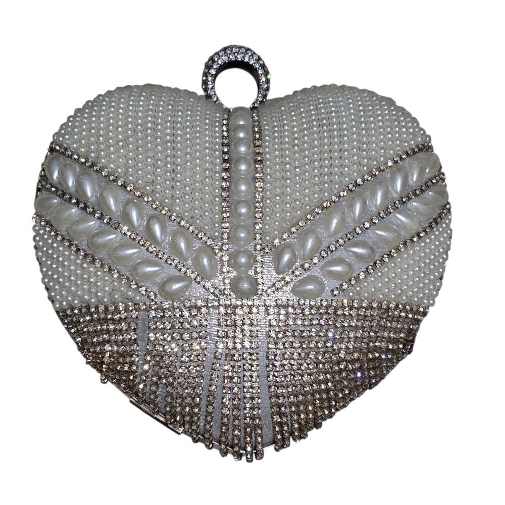 Elegant Heart-Shaped Pearl & Rhinestone Hard Clutch